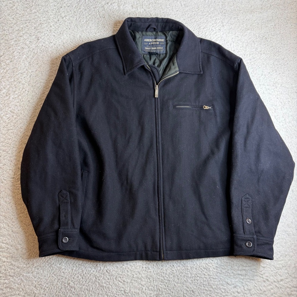 Abercrombie & Fitch Mens XL Wool Quilted Lined Harrington Jacket Navy Blue Crop